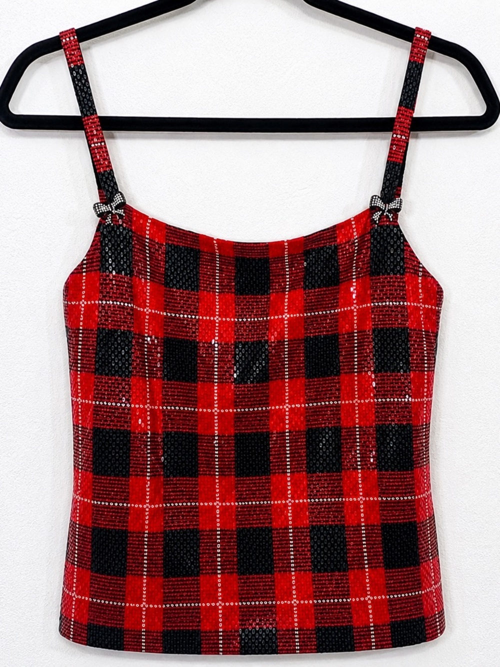 Vintage St. John Couture Red & Black Tartan Plaid Sequin Jeweled‎ Bow Detail Top